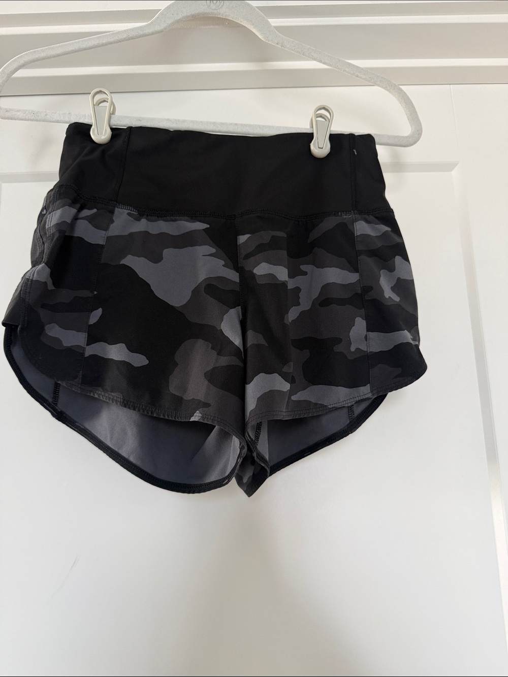 Athleta Black & Gray Camo High-Waist Running Shorts